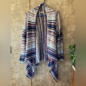 Blue Grey Open Front Draped Cardigan Knit Crochet Hippie Boho Artsy Sweater M